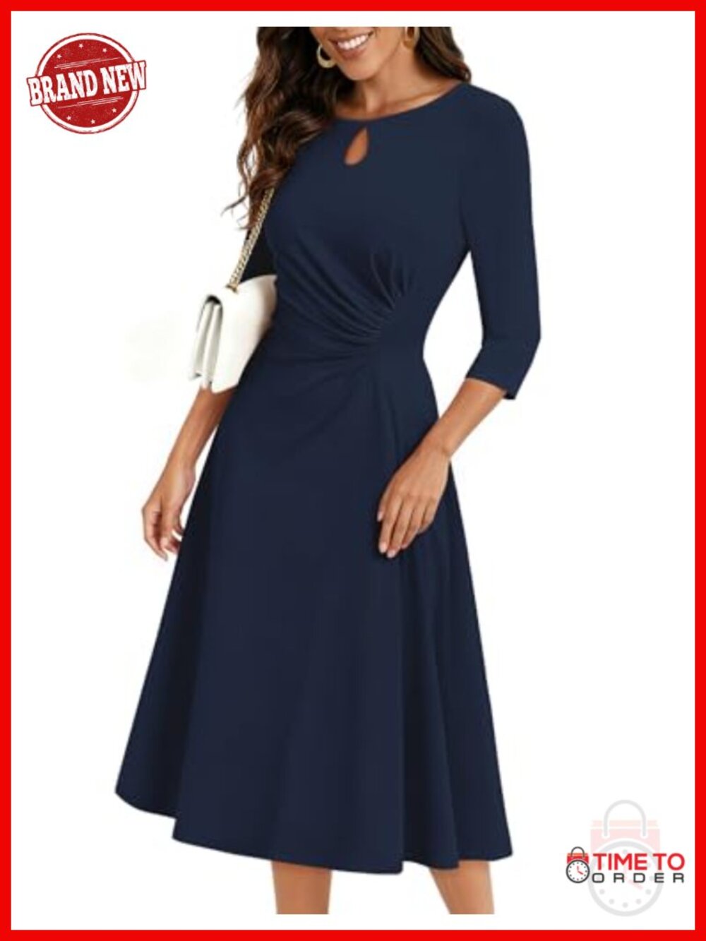 3/4 Sleeve Ruched Waist Midi Formal Wedding Guest Dress Crew Neck Cutout